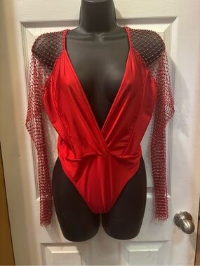Red Mesh-Sleeve Plunging V-Neck Jumpsuit
